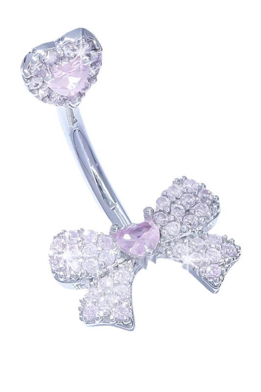 Pink and silver bow belly bar