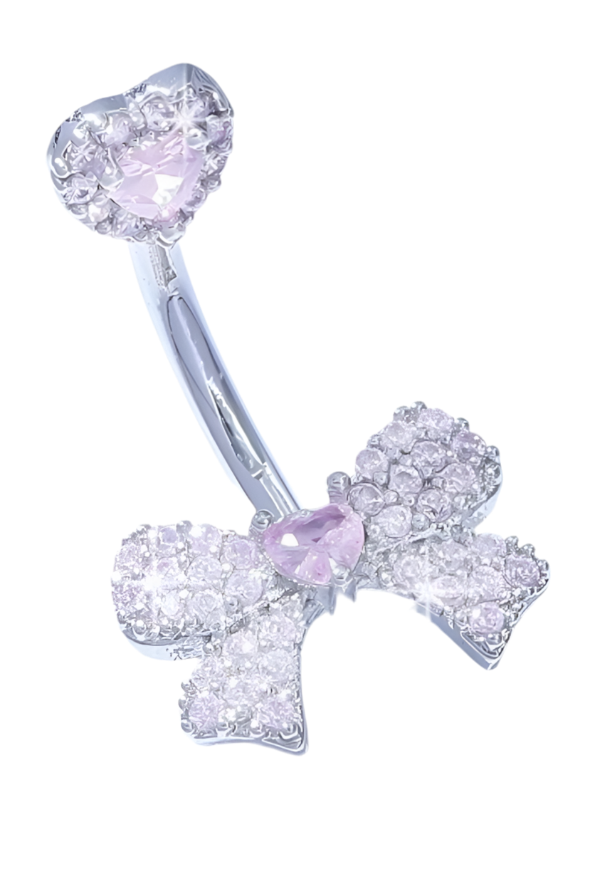 Pink and silver bow belly bar